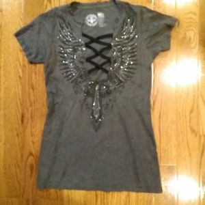 AFFLICTION lace up rhinestone shirt Gray medium top